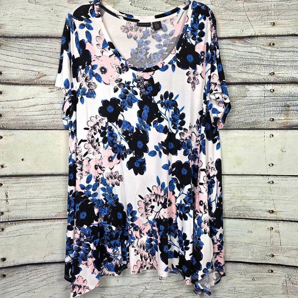 Tahari Floral Short Sleeve Top Womens 2X White Blue